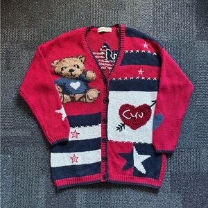 VTG Marsh Landing Novelty Americana Teddy Bear Cardigan Knit Sweater Medium